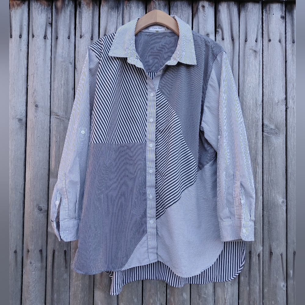 Calvin Klein CK black white striped patchwork print button down shirt Womens XL